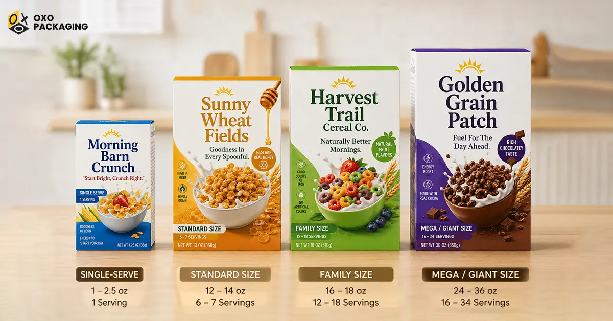 common cereal packaging box sizes content servings
